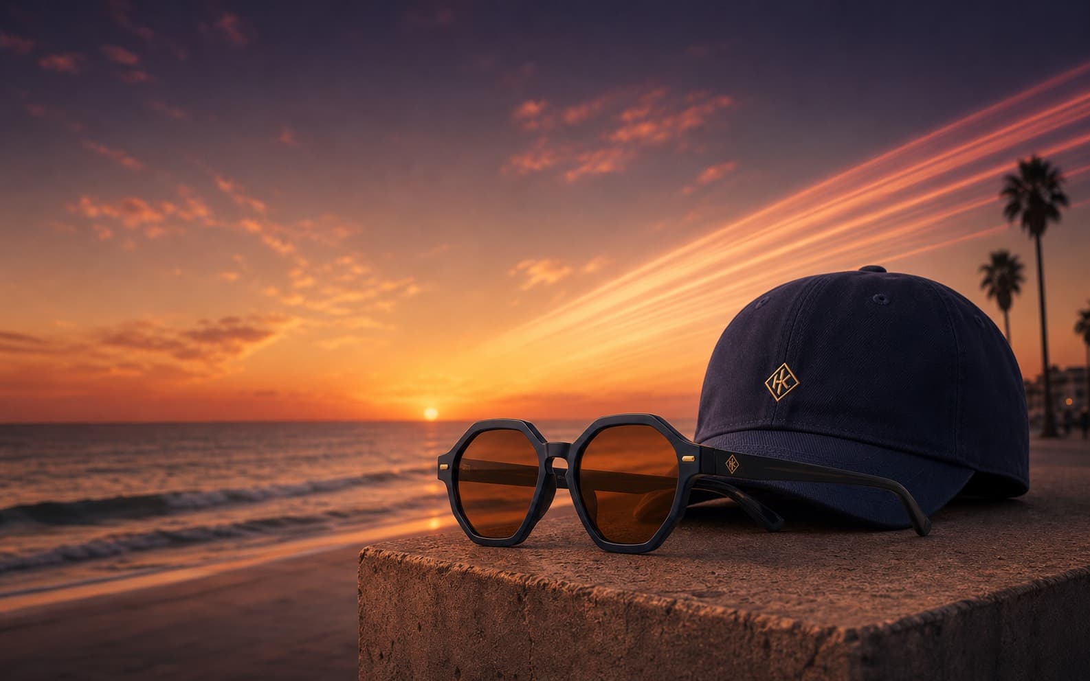 Octagonal sunglasses and an ink-blue cap beside the ocean at sunset